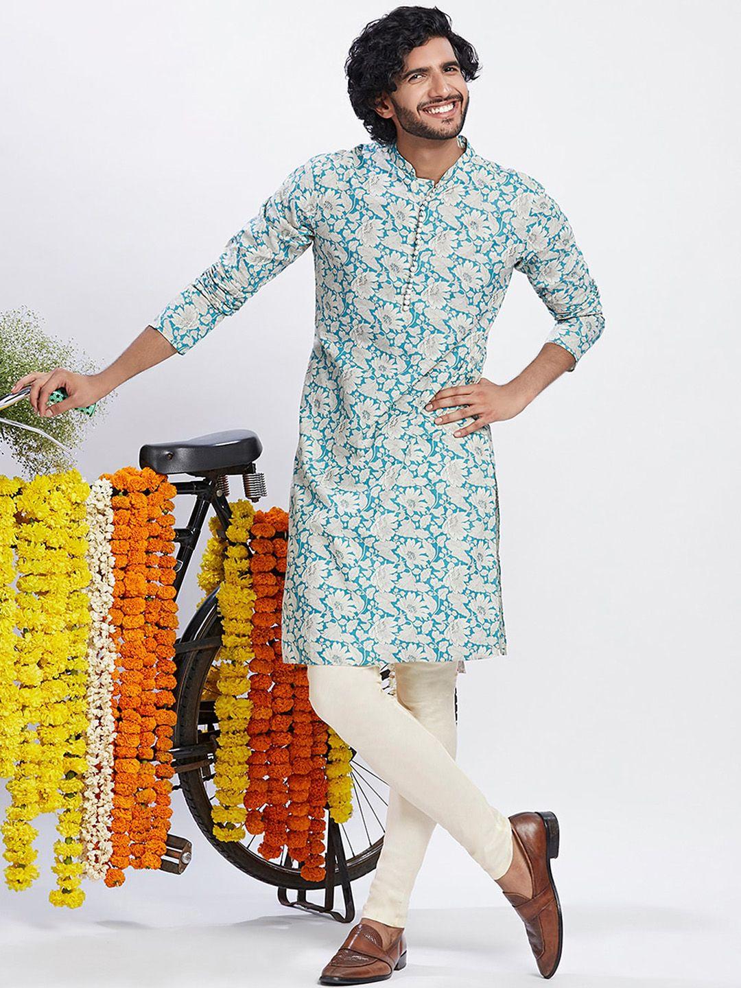 kisah floral printed mandarin collar pure cotton straight kurta with churidar