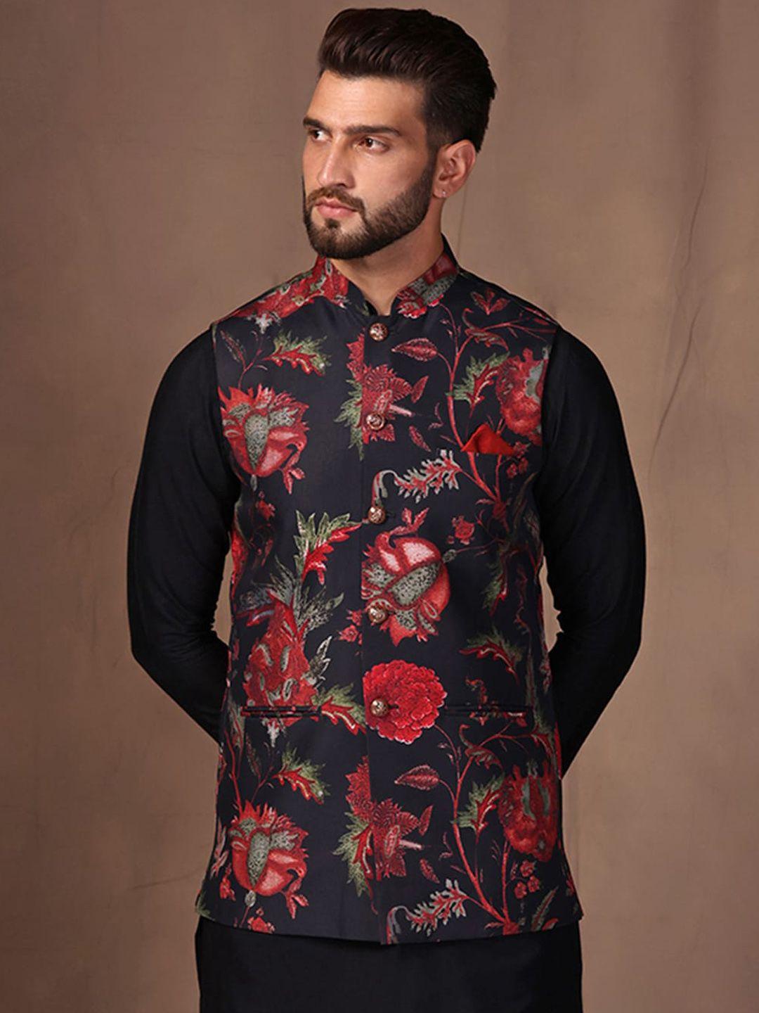 kisah floral printed nehru jacket with pocket square