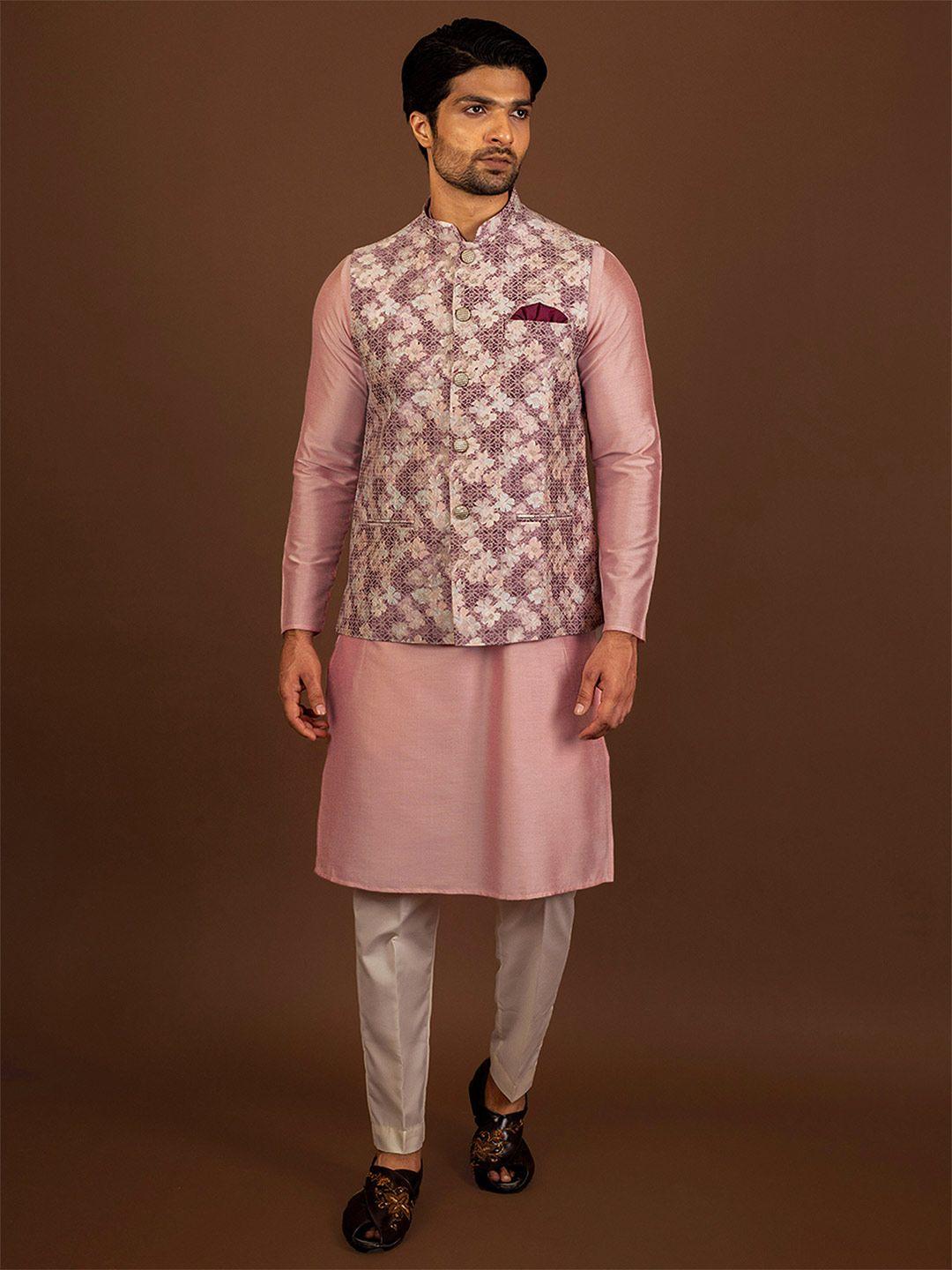 kisah floral printed straight kurta with churidar & nehru jacket