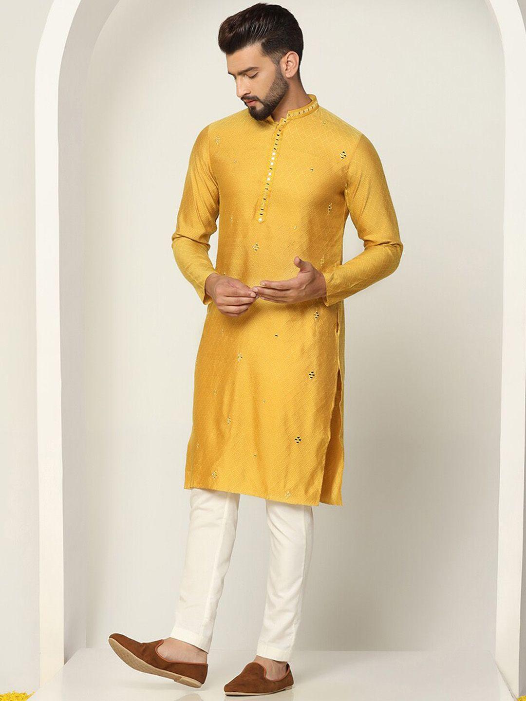 kisah geometric embroidered mandarin collar mirror work jacquard kurta