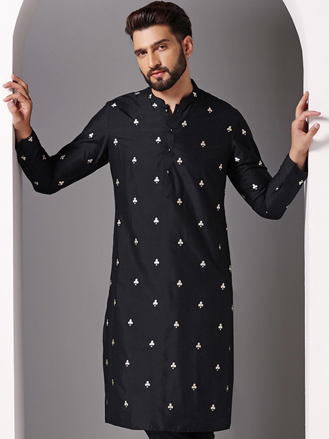 kisah geometric embroidered mandarin collar thread work straight kurta