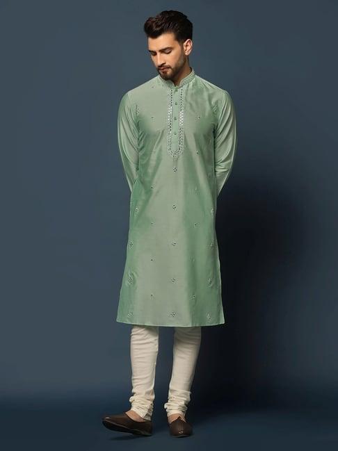 kisah green & beige regular fit embroidered kurta bottom set