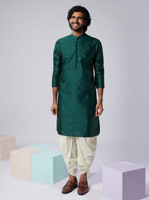 kisah green & cream regular fit embroidered kurta & dhoti set