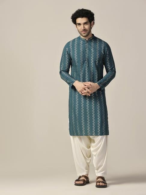 kisah green & white cotton regular fit embellished kurta bottom set