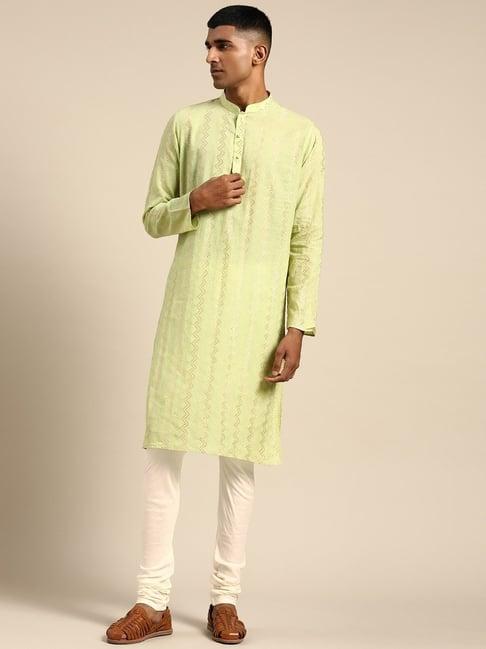 kisah green cotton regular fit embroidered kurta bottom set