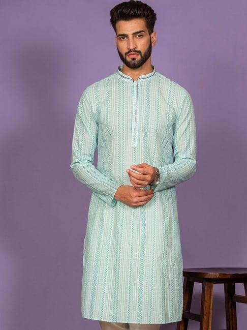 kisah green cotton regular fit striped kurta