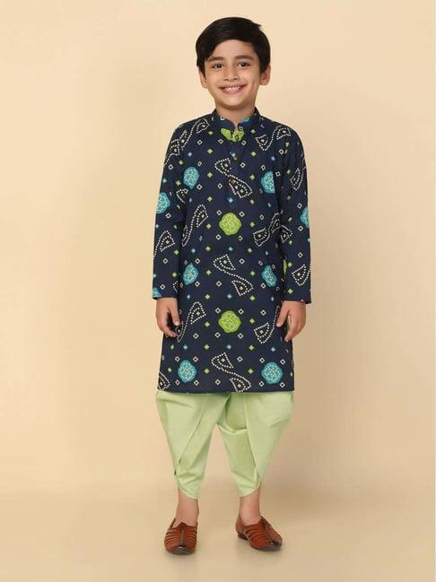 kisah kids blue & green printed full sleeves kurta set