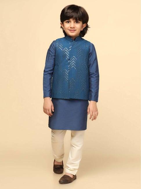 kisah kids blue embroidered full sleeves kurta set