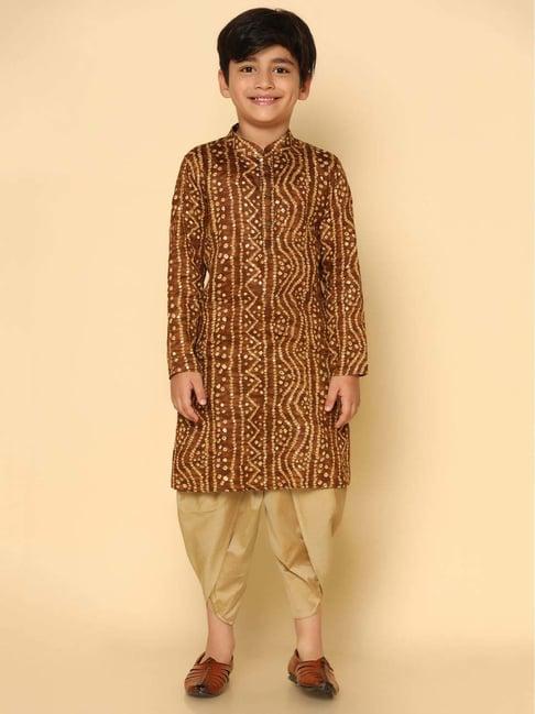 kisah kids brown & golden printed full sleeves kurta set