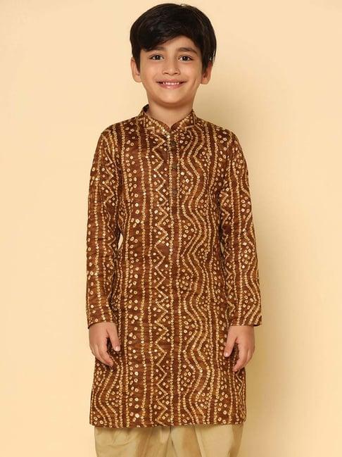 kisah kids brown cotton printed full sleeves kurta