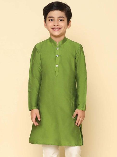 kisah kids green cotton regular fit full sleeves kurta