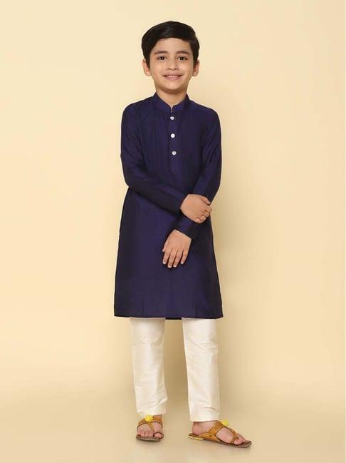 kisah kids navy & white regular fit full sleeves kurta set