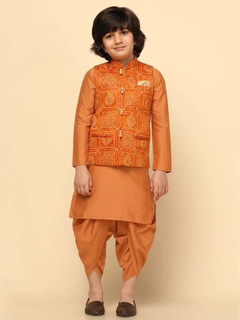 kisah kids orange printed full sleeves kurta set