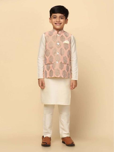 kisah kids peach & white printed full sleeves kurta set