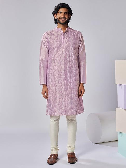 kisah lavender & cream regular fit embroidered kurta & churidar set