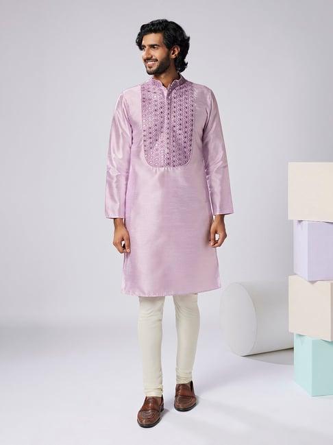 kisah lavender & cream regular fit embroidered kurta & churidar set