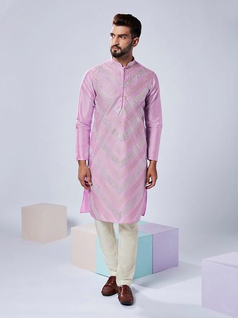 kisah lavender & off white regular fit embellished kurta & pants set