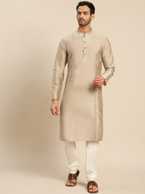 kisah light beige regular fit kurta bottom set