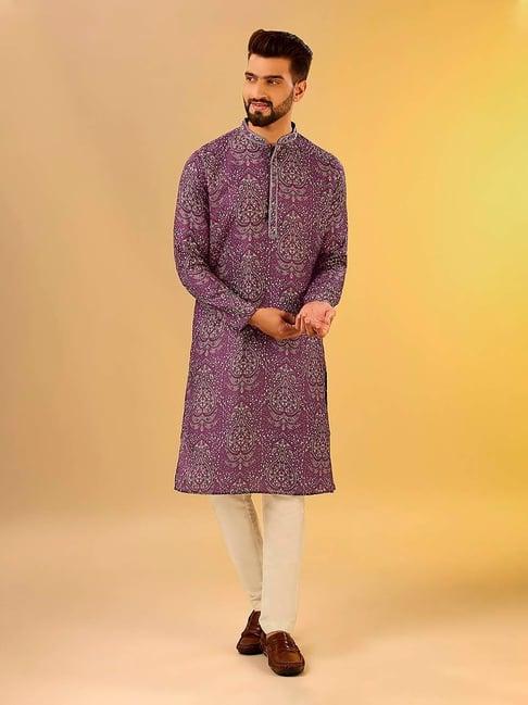 kisah light purple & off white regular fit printed kurta & pants set