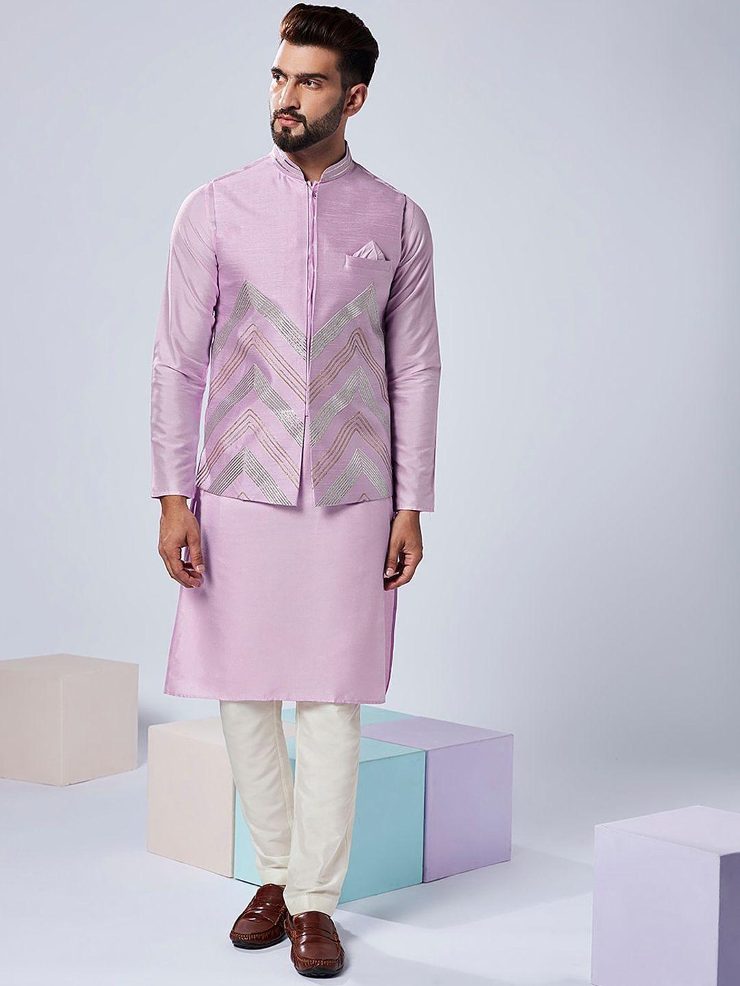 kisah mandarin collar art silk straight kurta with trousers & nehru jacket