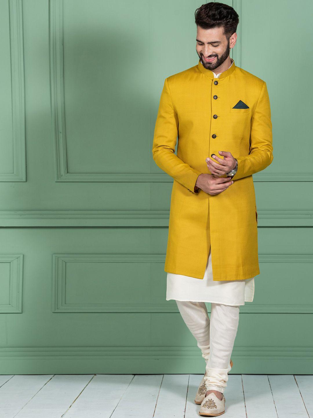 kisah mandarin collar cotton kurta with jacket & churidar bottom