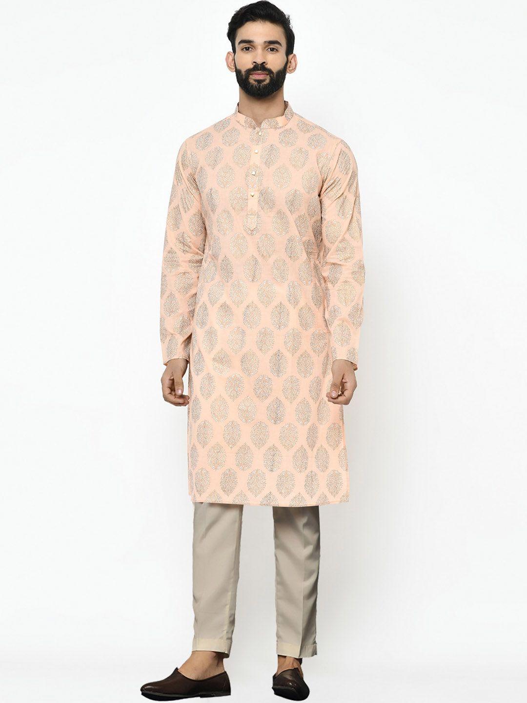 kisah mandarin collar ethnic printed straight kurta & trousers with nehru jacket