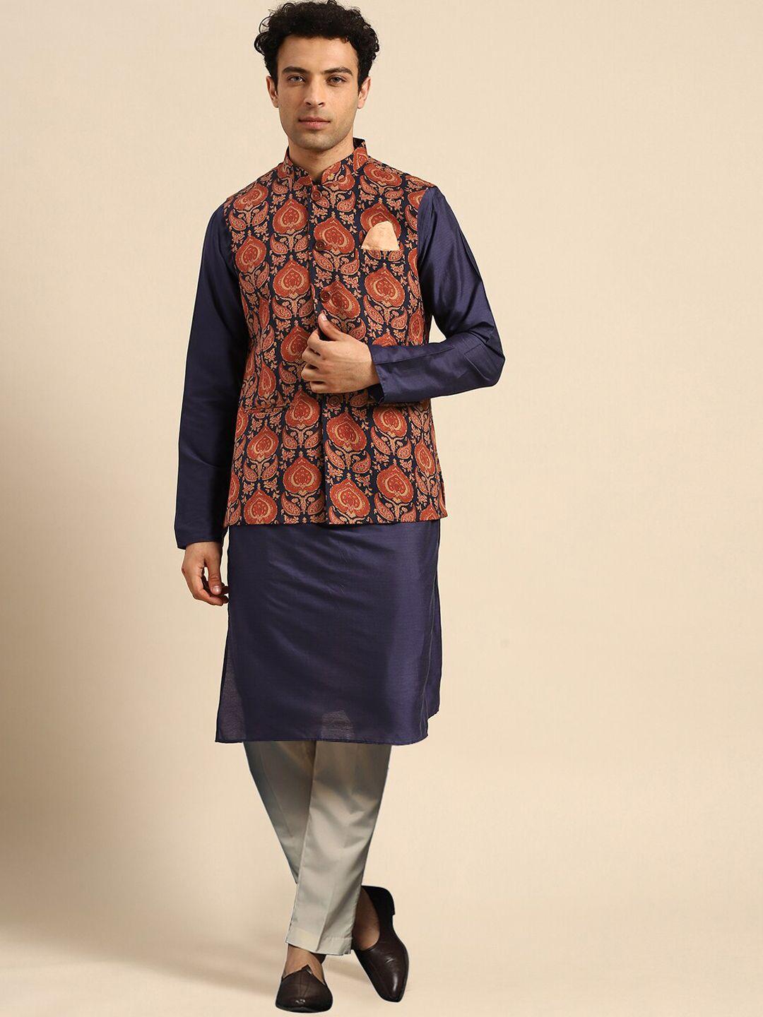 kisah mandarin collar kurta & trousers with printed nehru jacket