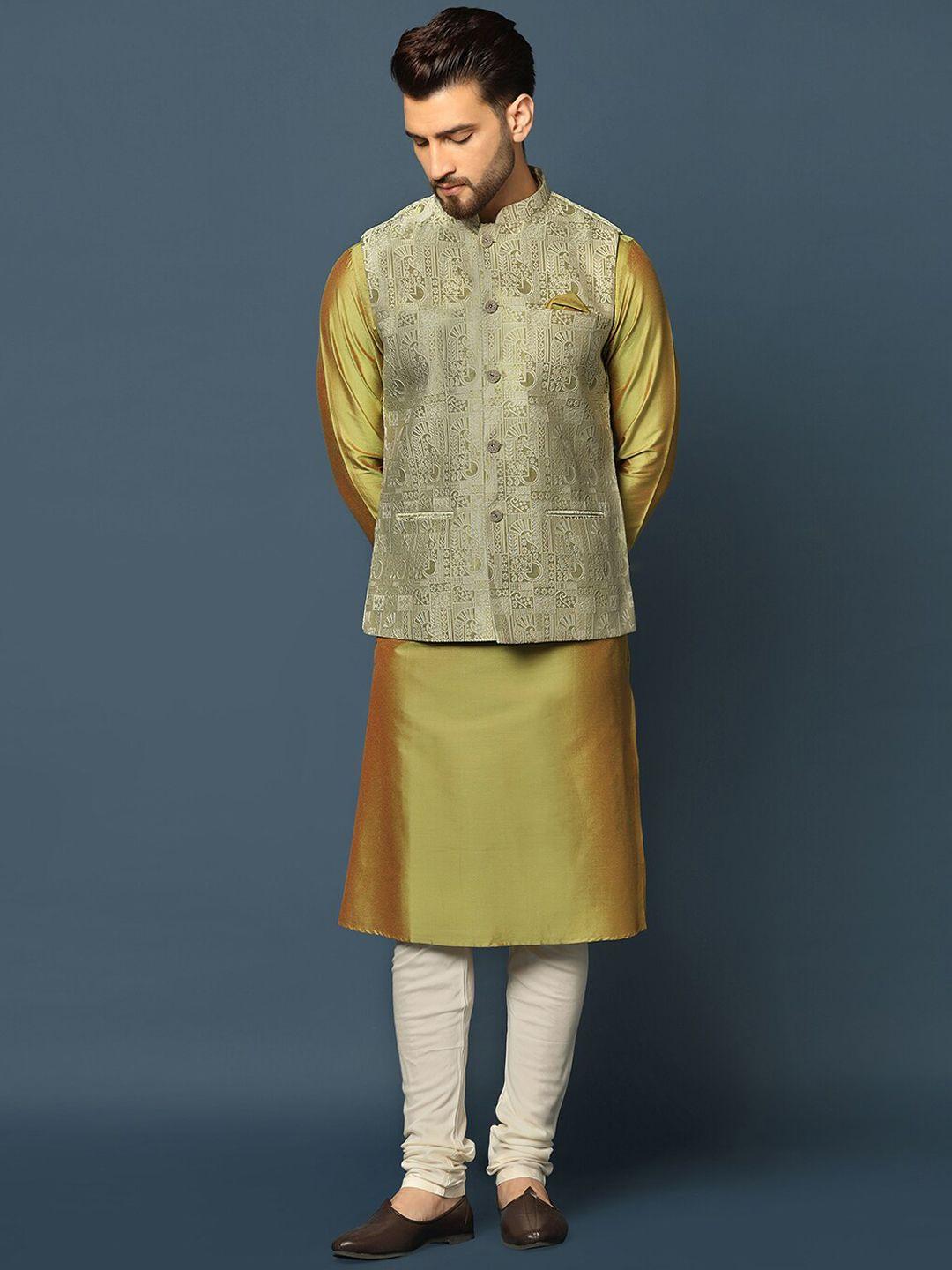 kisah mandarin collar kurta with churidar & woven design nehru jacket
