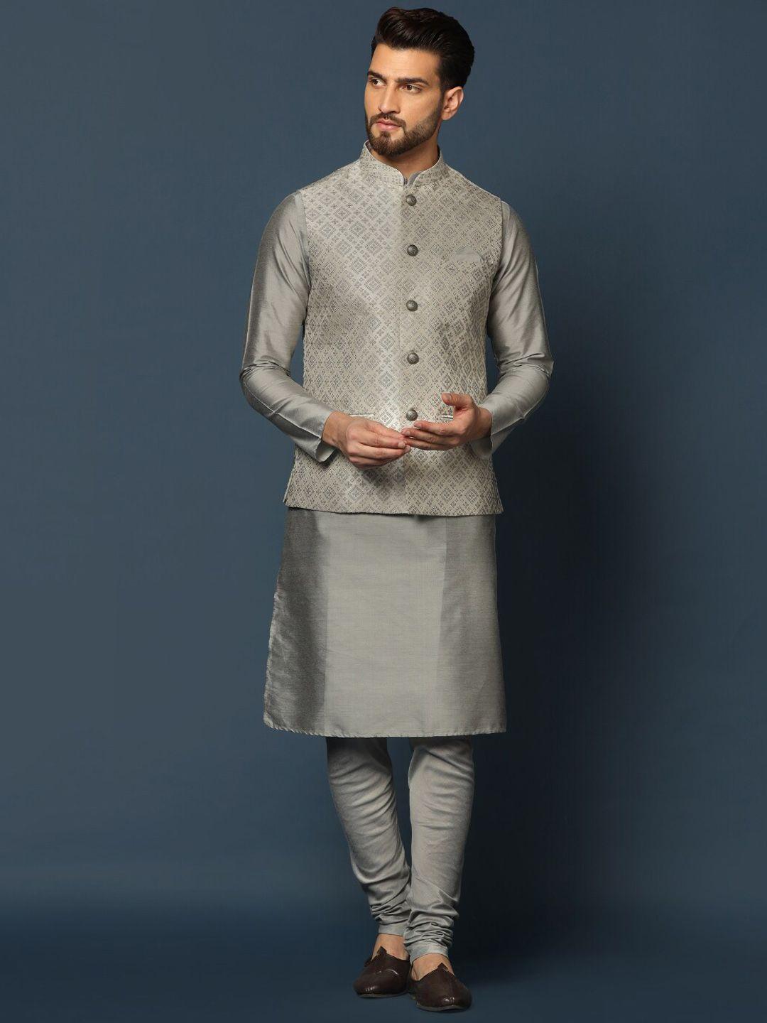 kisah mandarin collar kurta with churidar & woven design nehru jacket