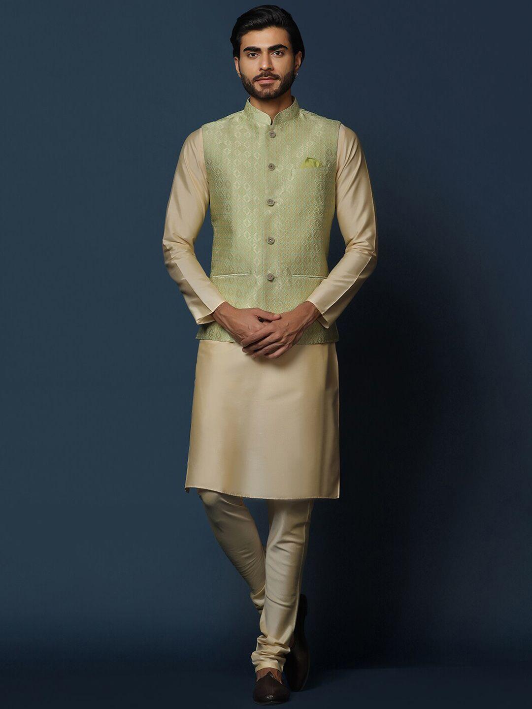 kisah mandarin collar kurta with churidar & woven design nehru jacket