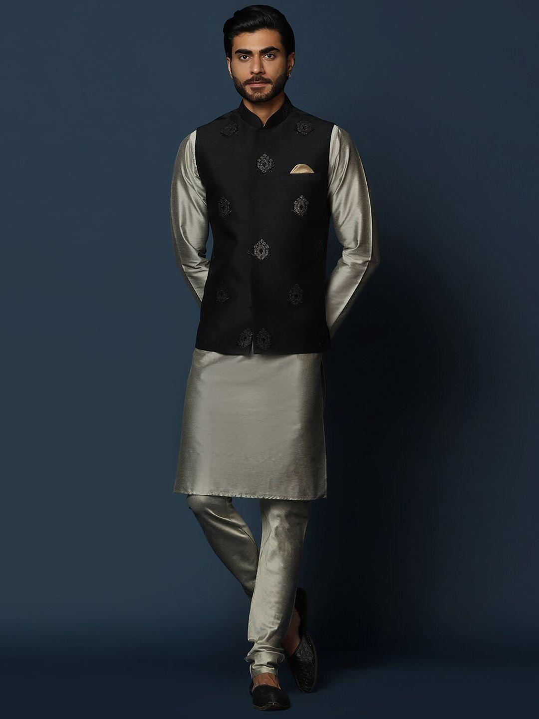 kisah mandarin collar kurta with churidar & woven design nehru jacket