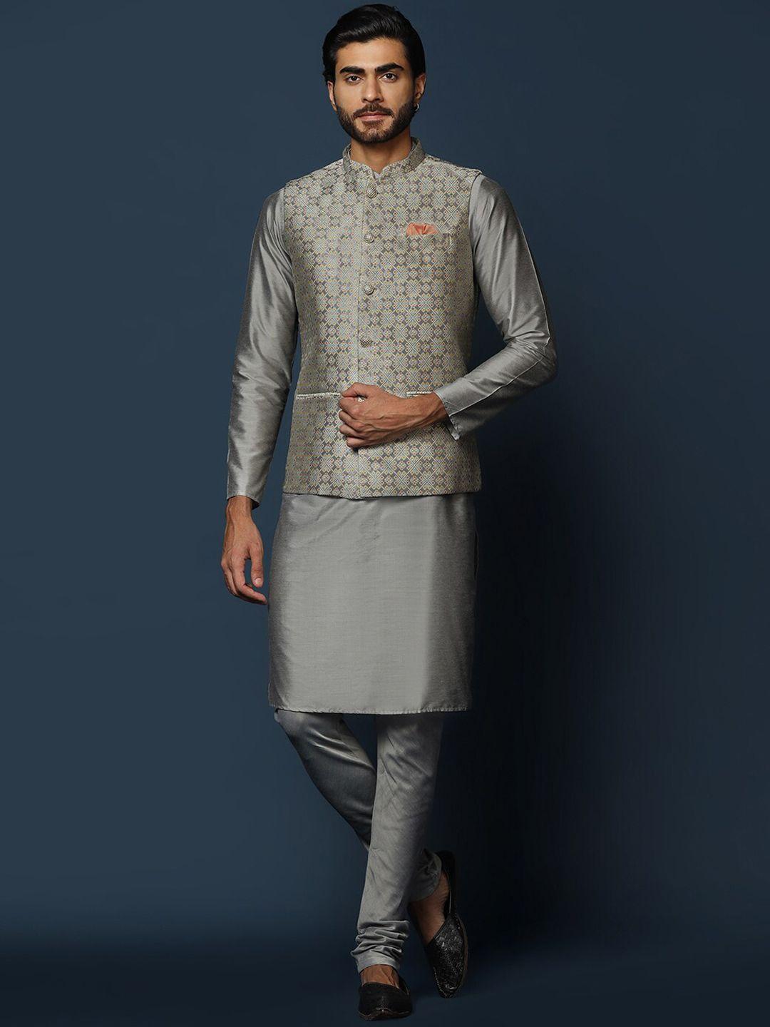 kisah mandarin collar kurta with churidar & woven design nehru jacket