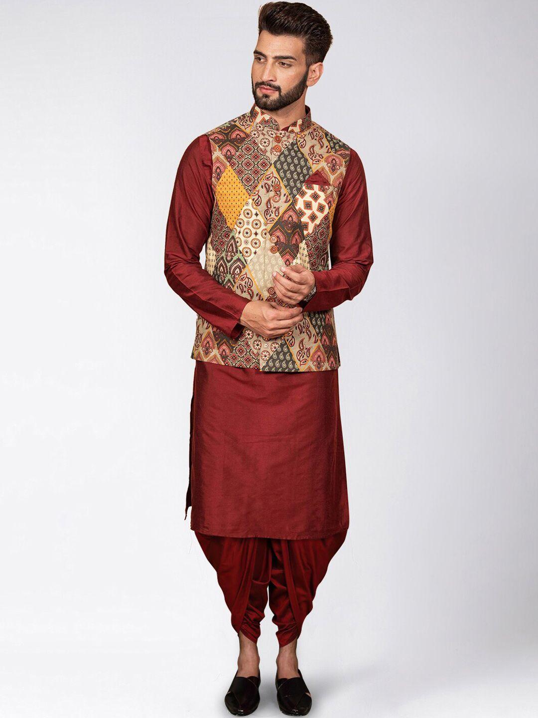 kisah mandarin collar kurta with dhoti pants & printed nehru jacket