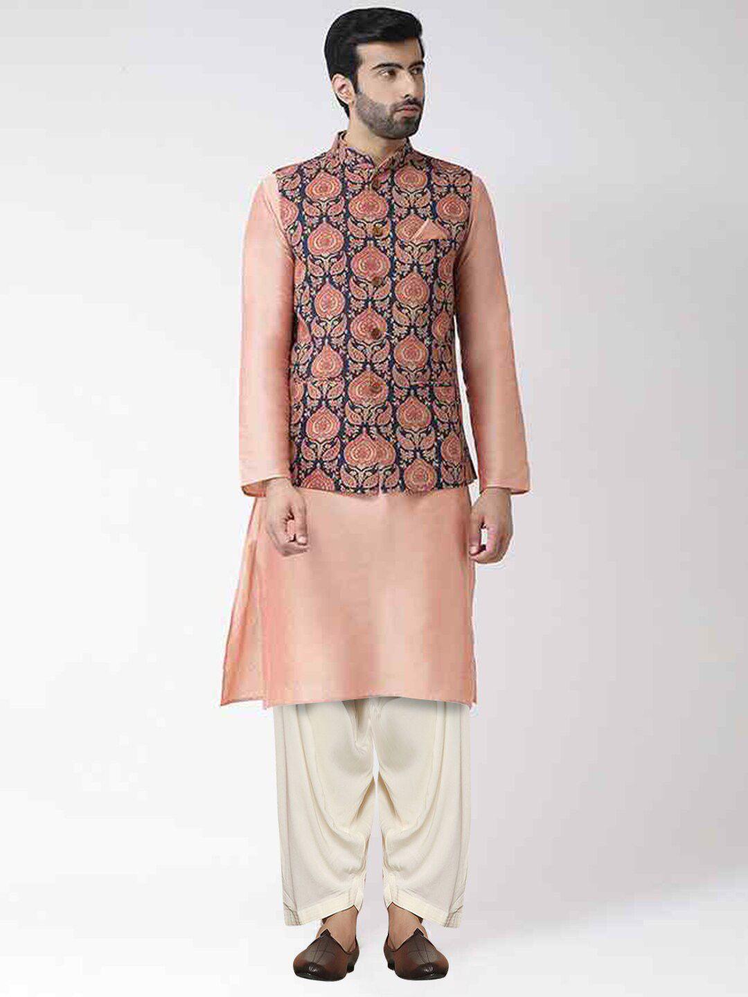 kisah mandarin collar kurta with dhoti pants with printed nehru jacket