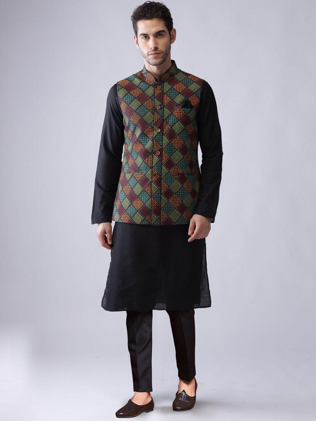 kisah mandarin collar kurta with trouser & printed nehru jacket