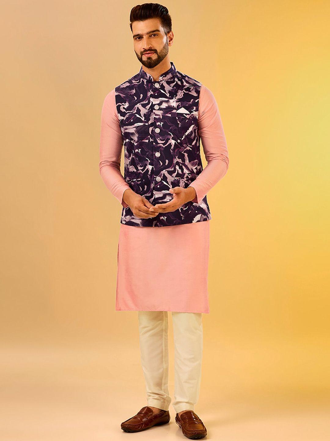 kisah mandarin collar kurta with trousers & printed nehru jacket