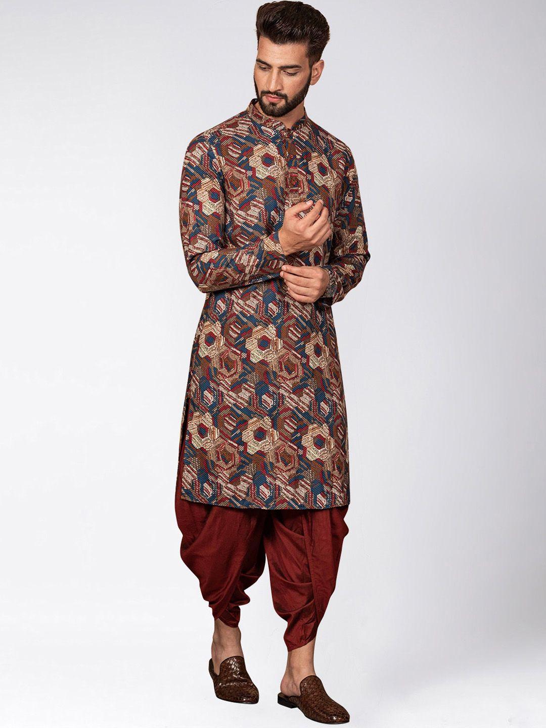 kisah mandarin collar long sleeves geometric thread work kurta with dhoti pants