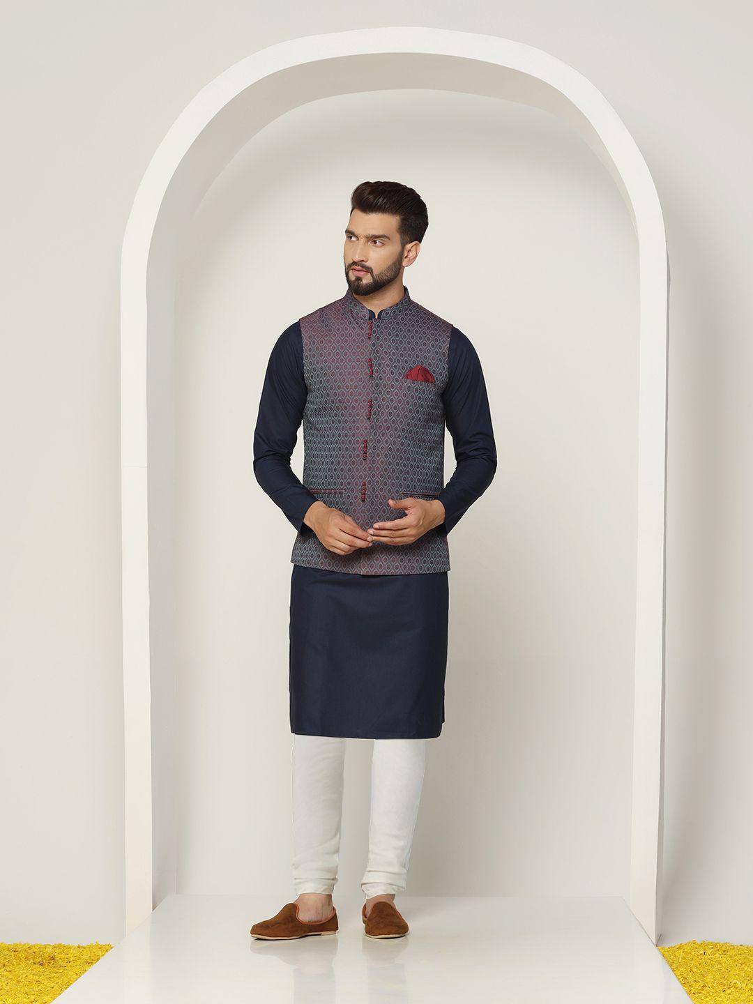 kisah mandarin collar mirror work regular kurta with churidar & nehru jacket