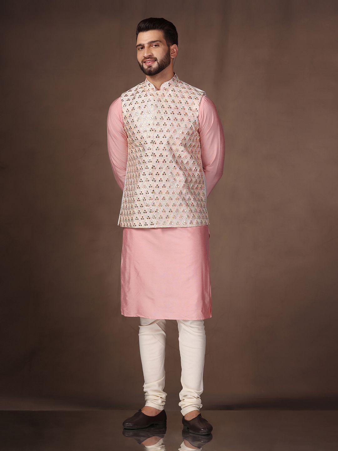 kisah mandarin collar mirror work straight kurta & churidar with nehru jacket