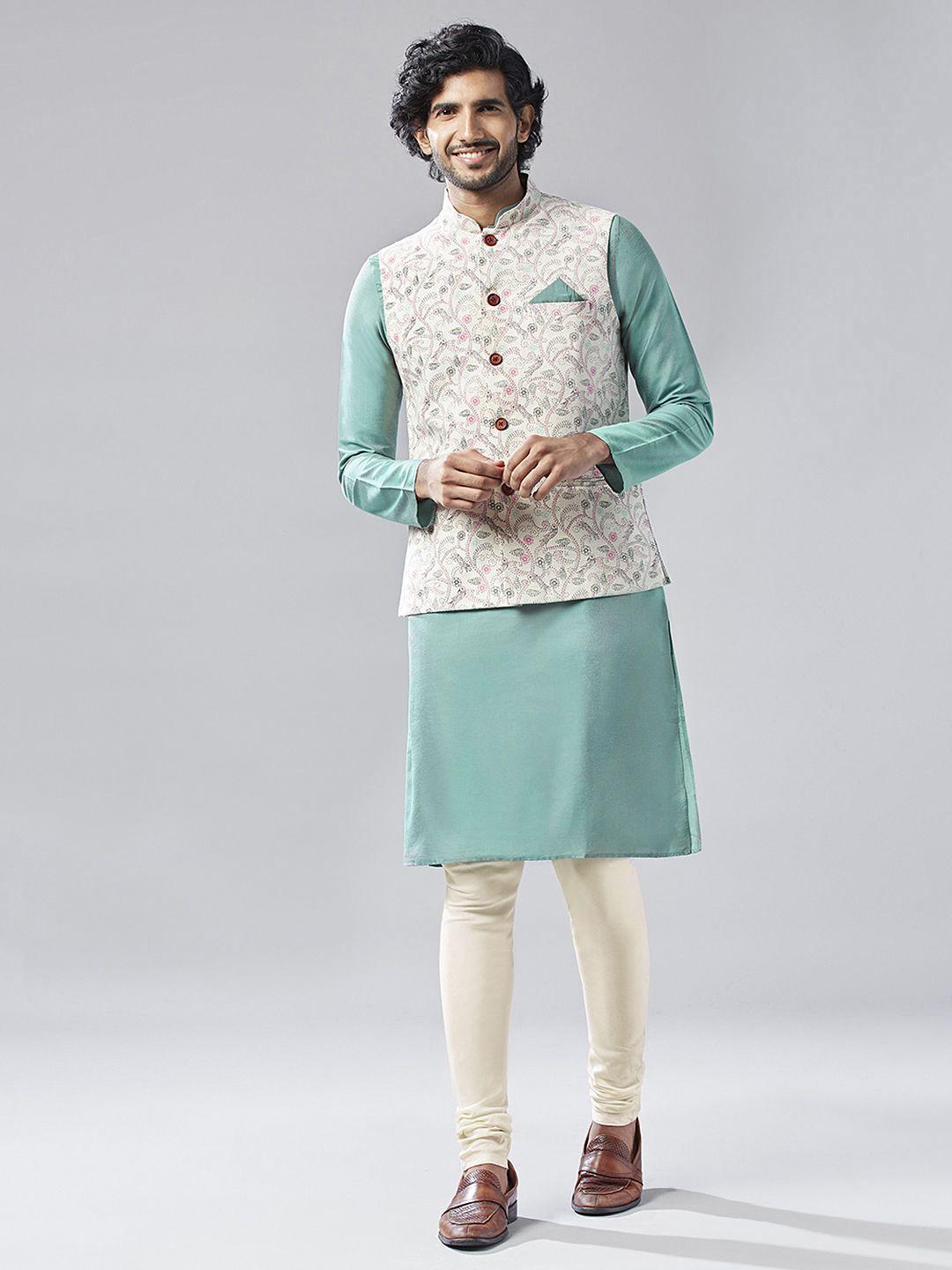 kisah mandarin collar printed kurta with churidar & nehru jacket