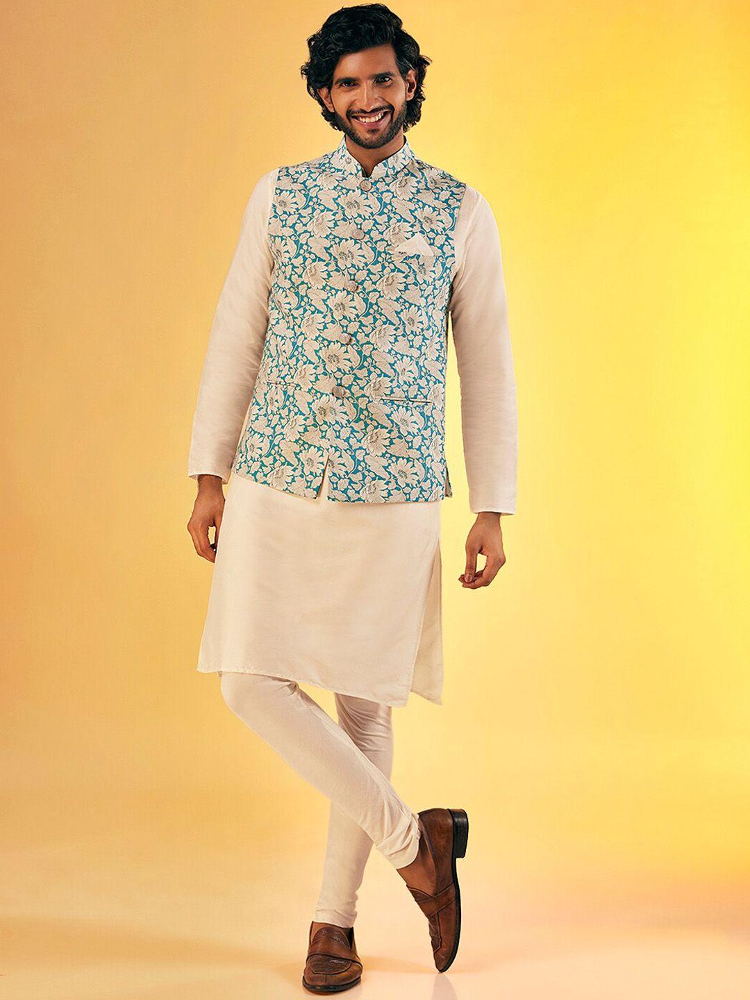 kisah mandarin collar pure cotton straight kurta & churidar with nehru jacket