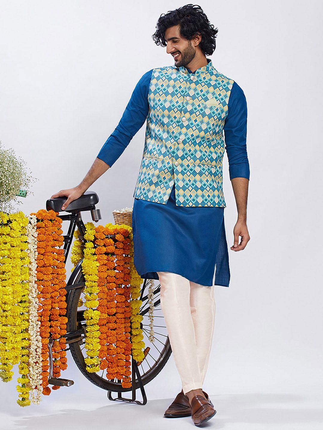 kisah mandarin collar pure cotton straight kurta & trouser with nehru jacket