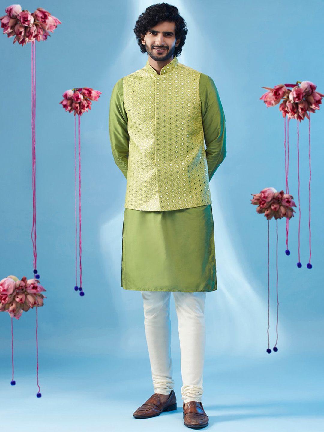 kisah mandarin collar regular kurta with churidar & embellished nehru jacket