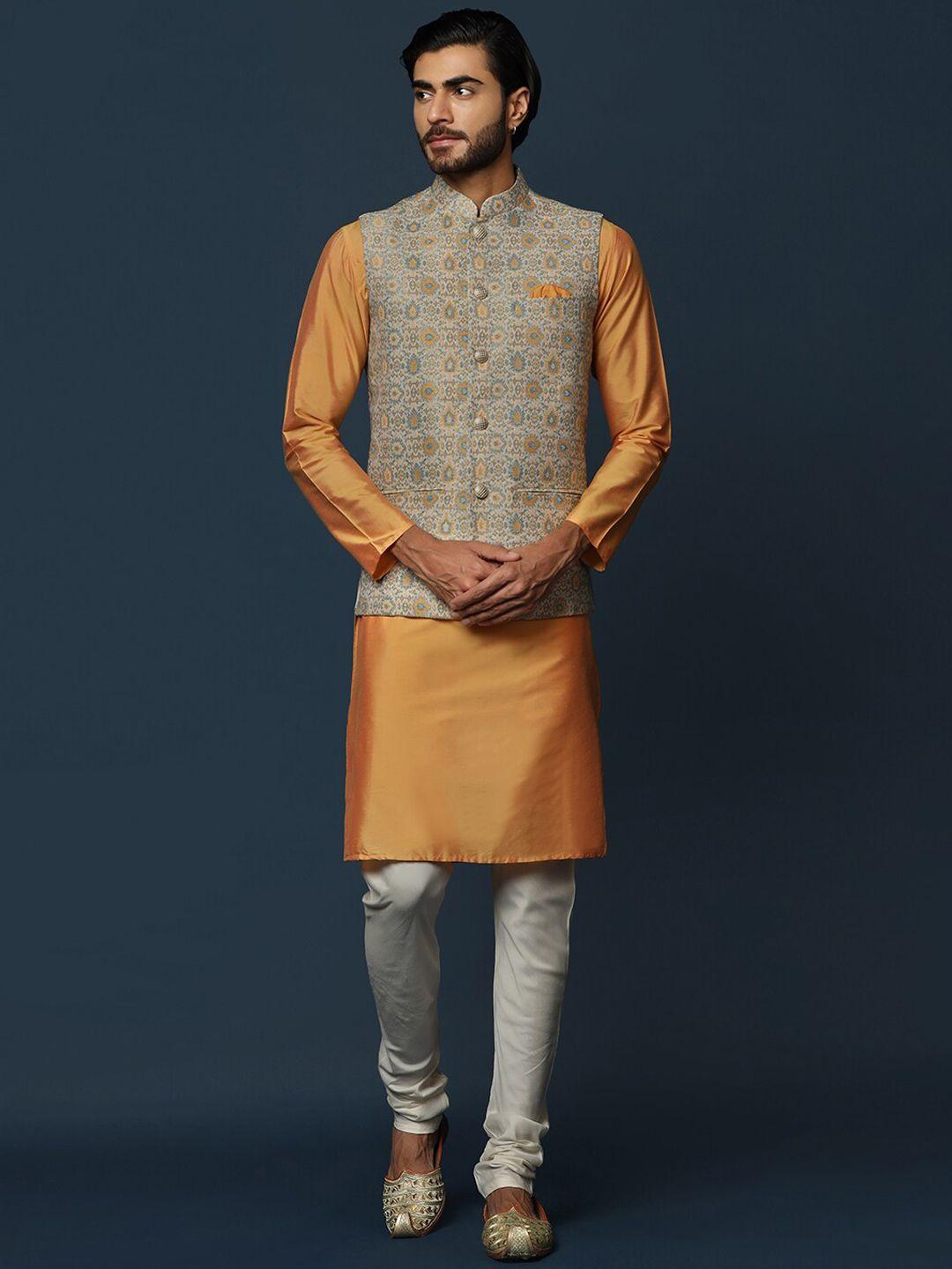 kisah mandarin collar regular kurta with churidar & printed nehru jacket