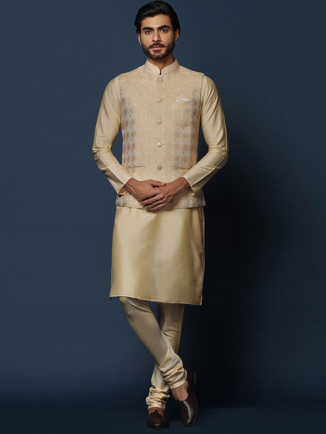 kisah mandarin collar regular kurta with churidar & woven design nehru jacket