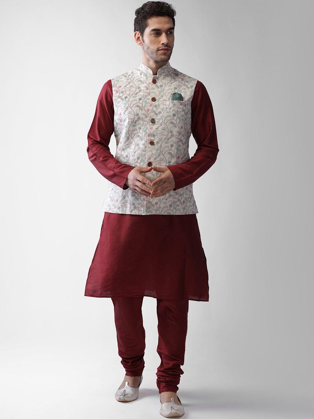 kisah mandarin collar regular kurta with churidar with printed nehru jacket