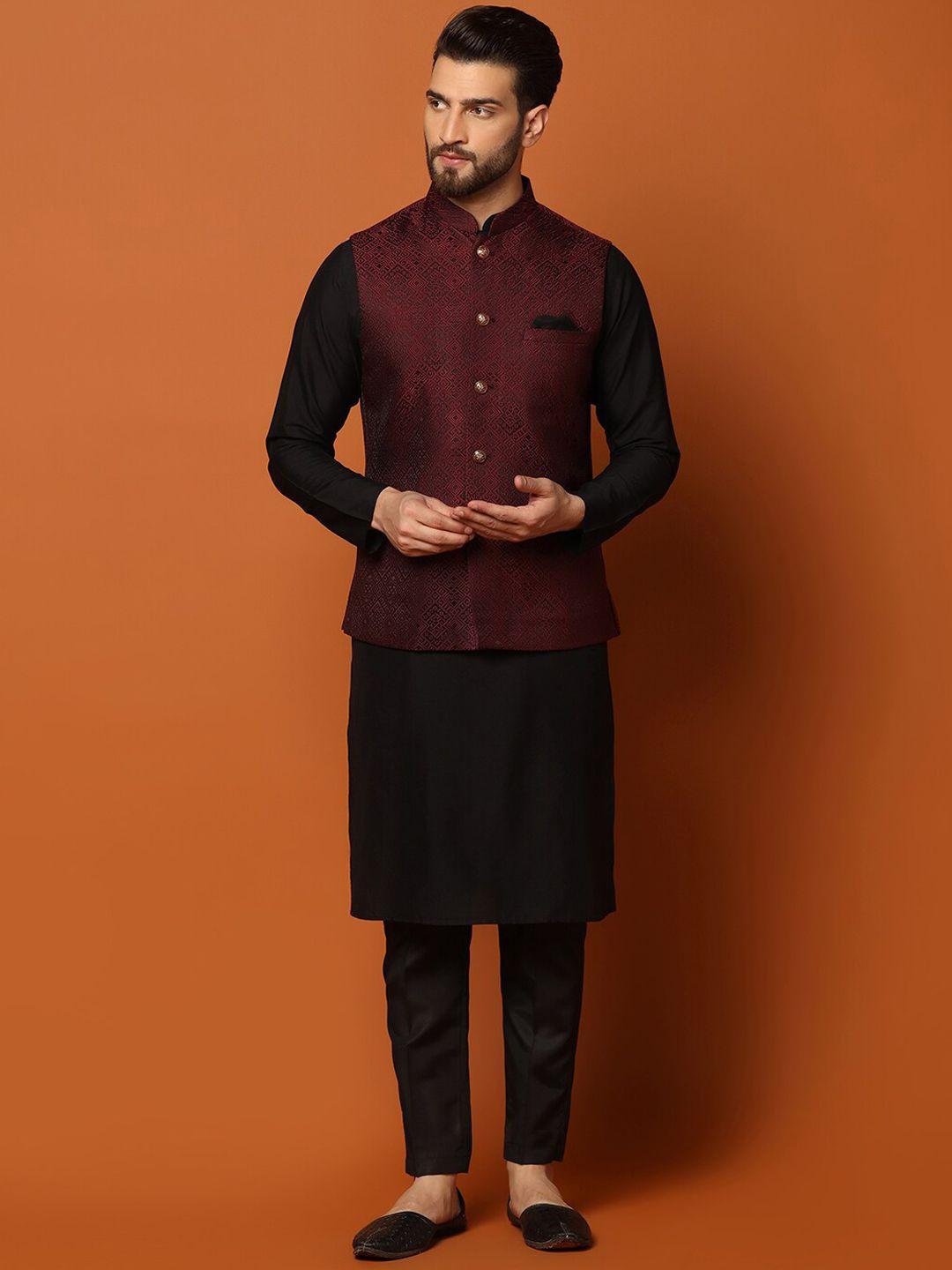 kisah mandarin collar regular kurta with trousers & woven design nehru jacket