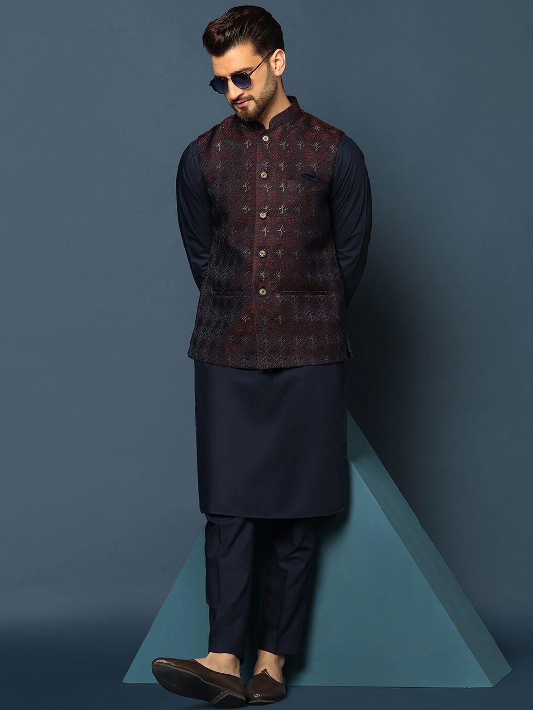 kisah mandarin collar regular kurta with trousers & woven design nehru jacket