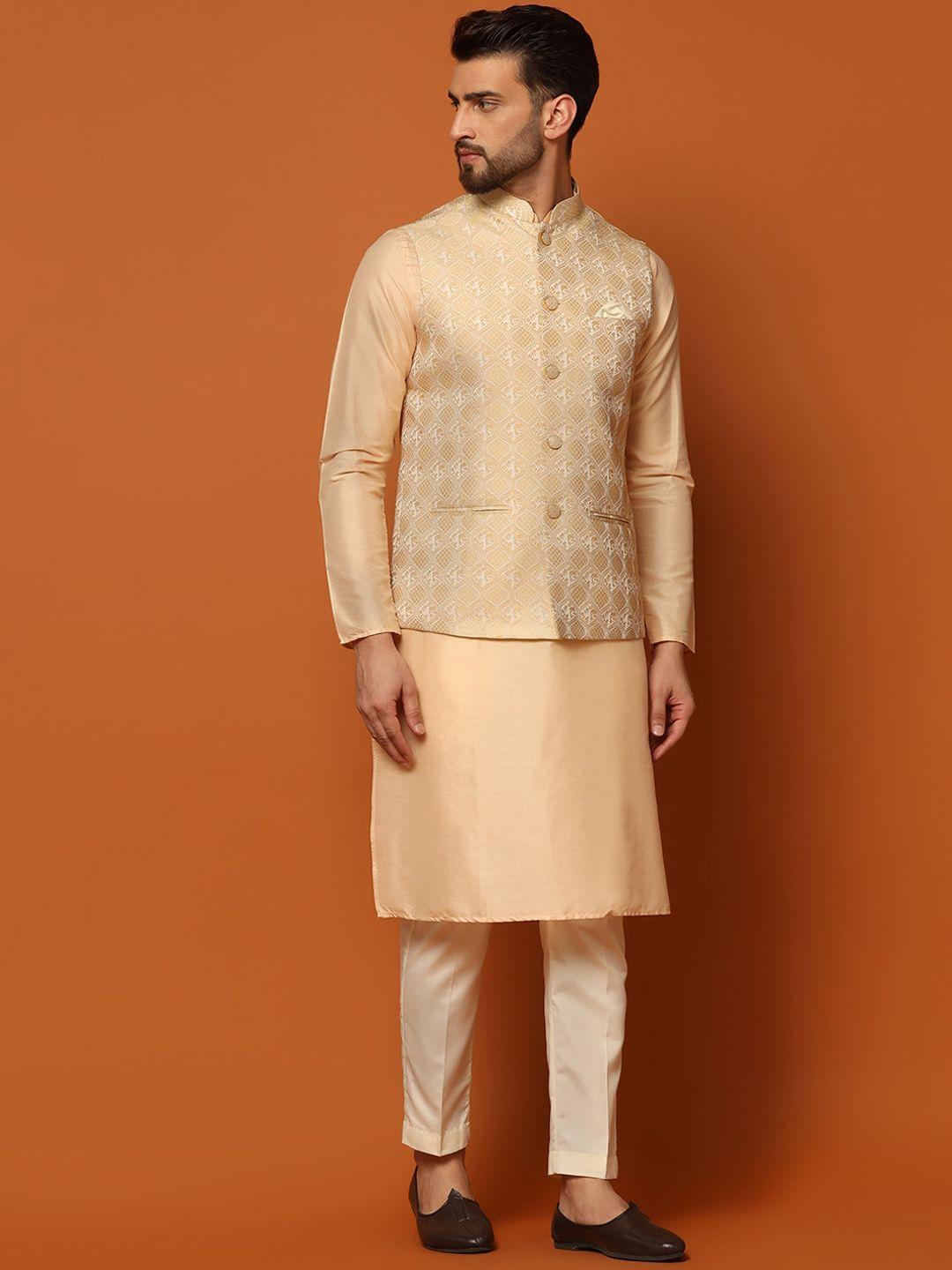 kisah mandarin collar regular kurta with trousers & woven design nehru jacket