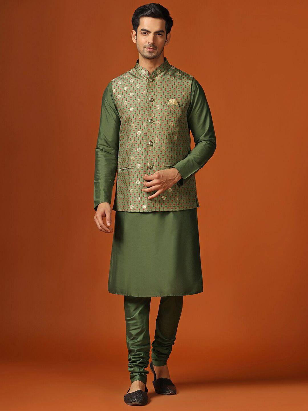 kisah mandarin collar regular straight kurta with churidar & nehru jacket